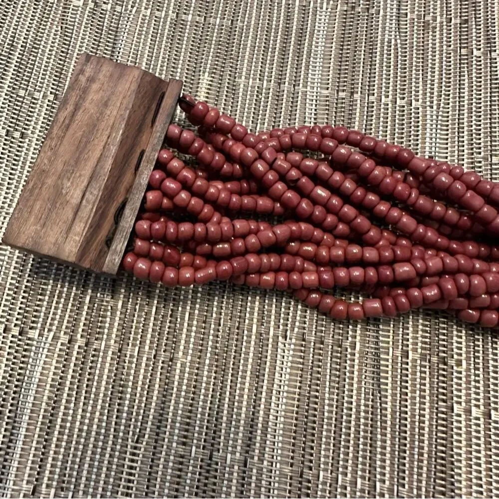 Bali Maroon Brown 14 Strand Bead Bracelet Wood Clasp Hard Wood Boho Casual